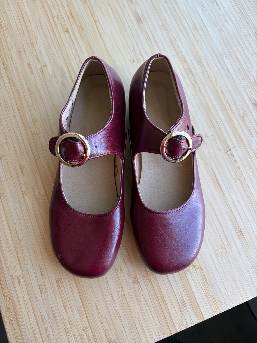 Mary Jane Round-Toe Flats with Gold Buckle - Burgundy Size 6.5-7
